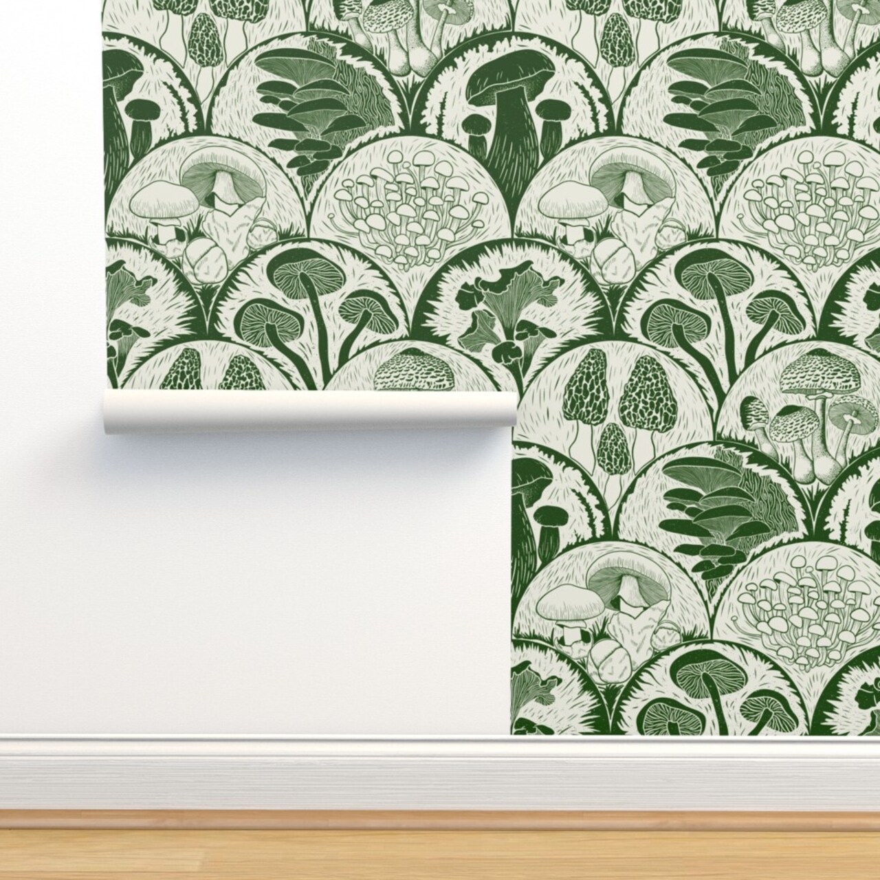 Green Mushrooms Scallop Woodland Block Print Forest Botanical Cottagecore Garden Custom Removable Wallpaper by Spoonflower Peel & Stick Wallpaper 2FT Wide
